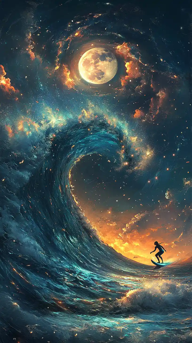 Surreal surfer riding mystical waves beneath a glowing full moon