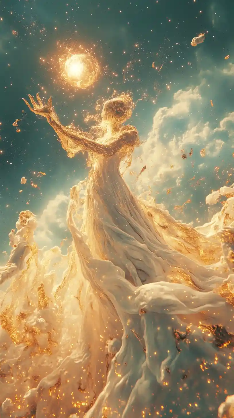 Divine hand cradling a universe in a cosmic landscape