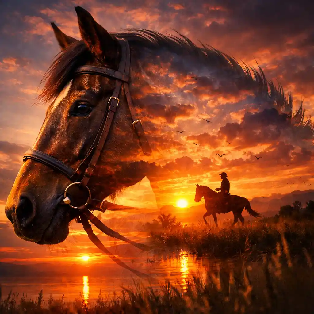 Double exposure close up of a horse against sunset sky