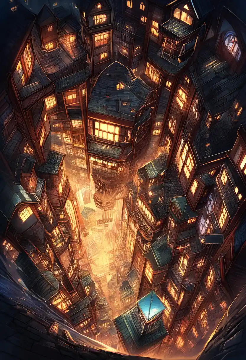 Large spooky house towering over an empty nighttime town
