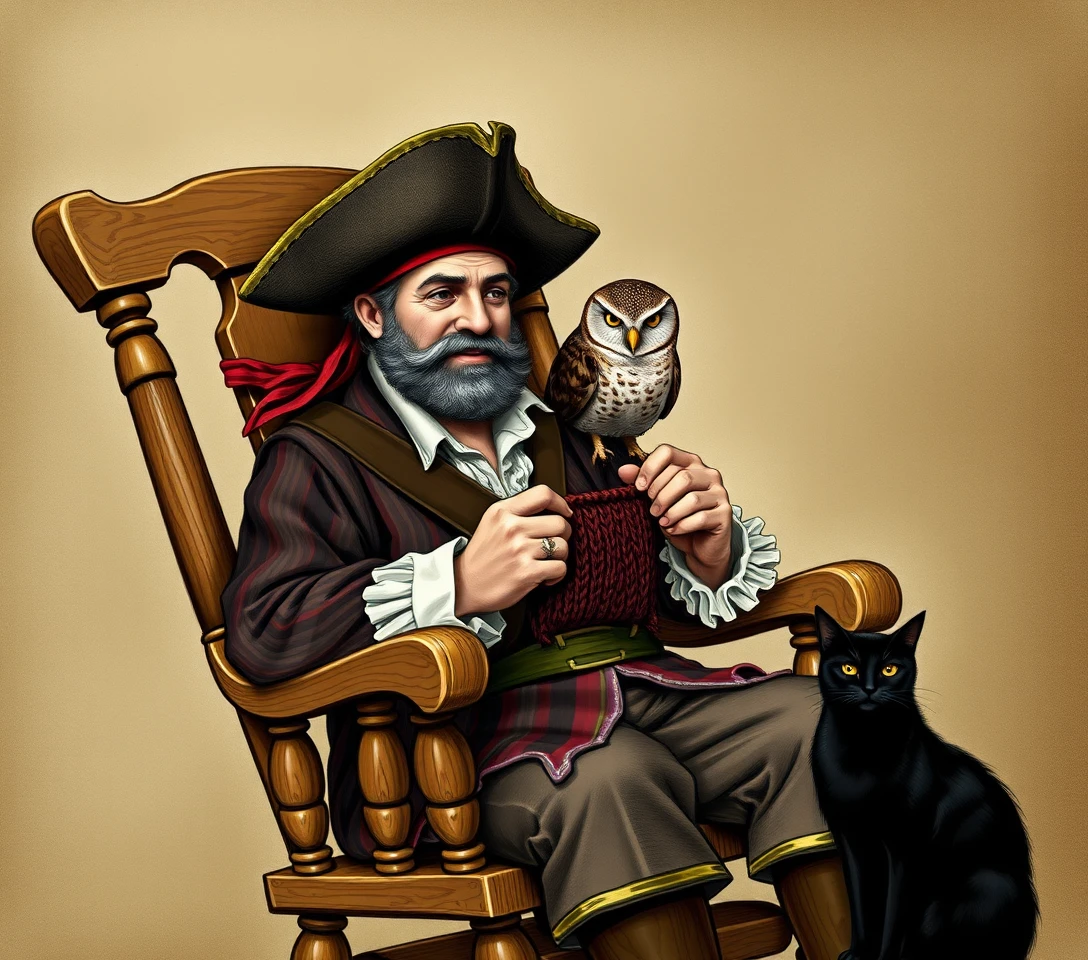 Pirate costumed man knitting in a rocking chair with animals