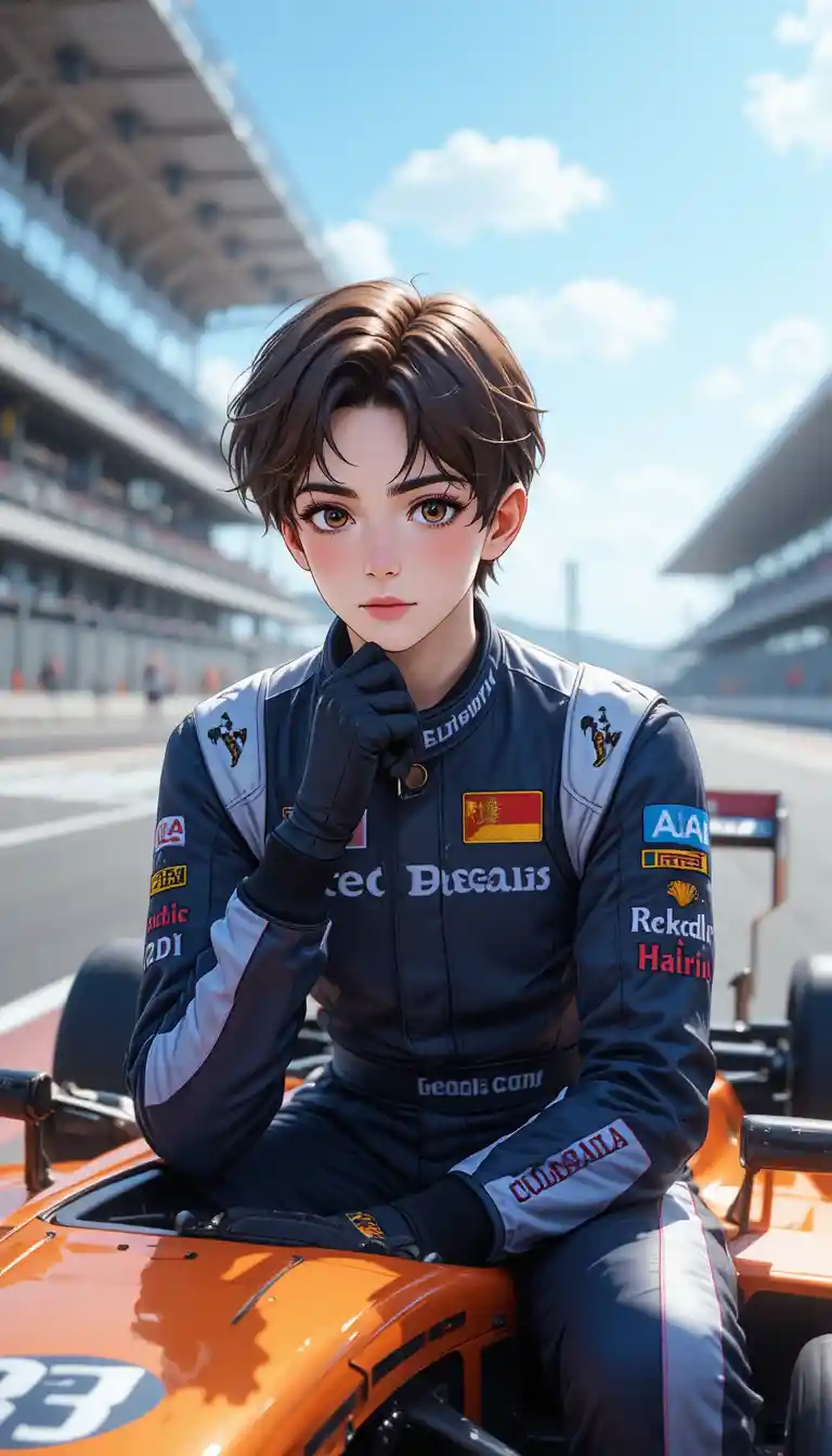 Anime race car driver resting on sleek formula car