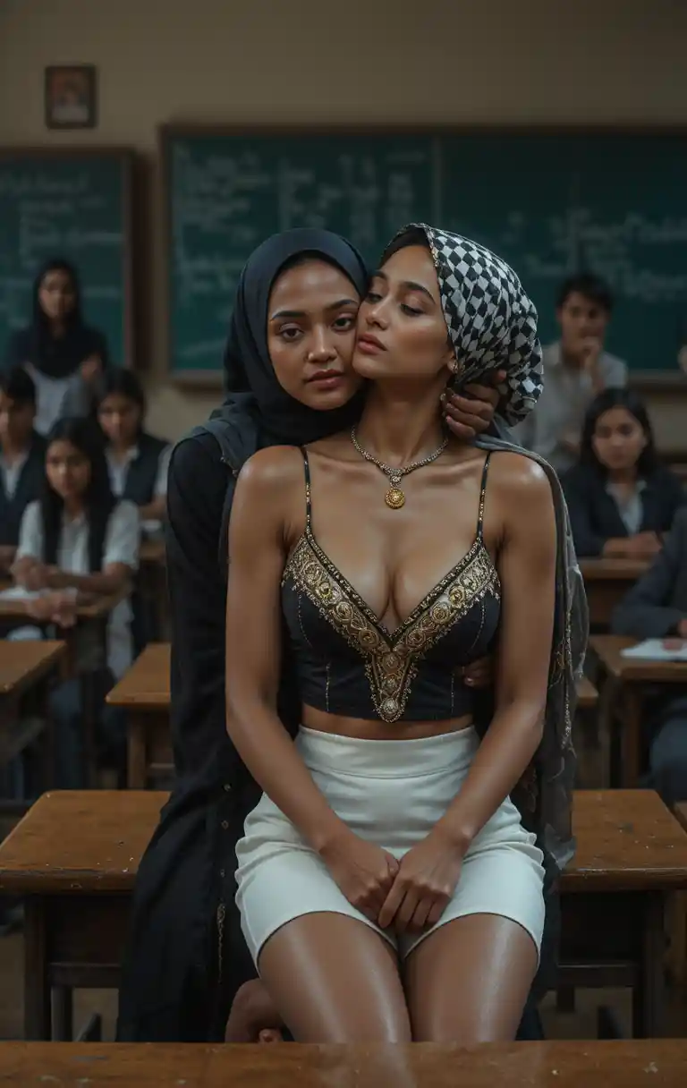 Romantic moment between two women in a dim classroom