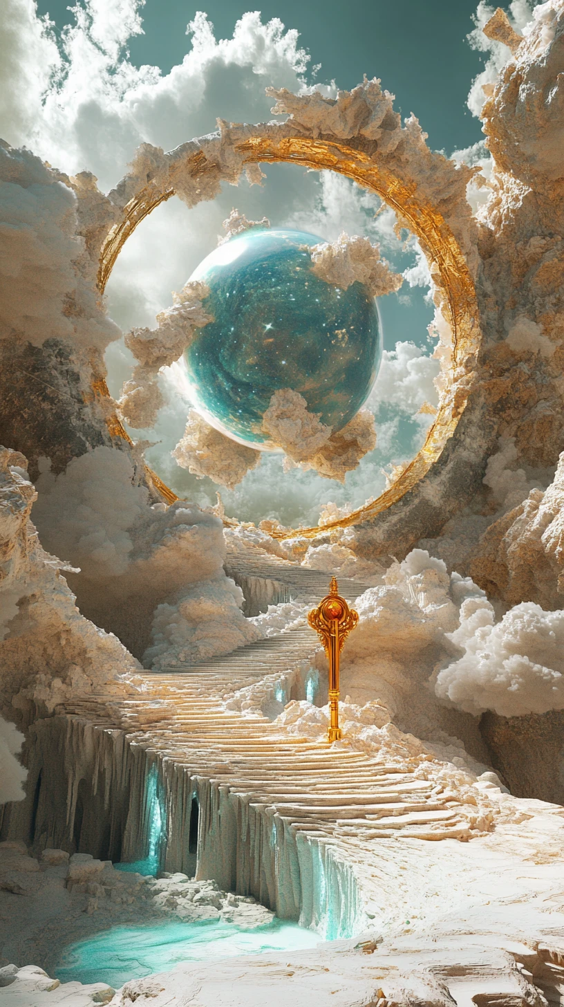 Cosmic portal hands cradling a glowing universe sphere
