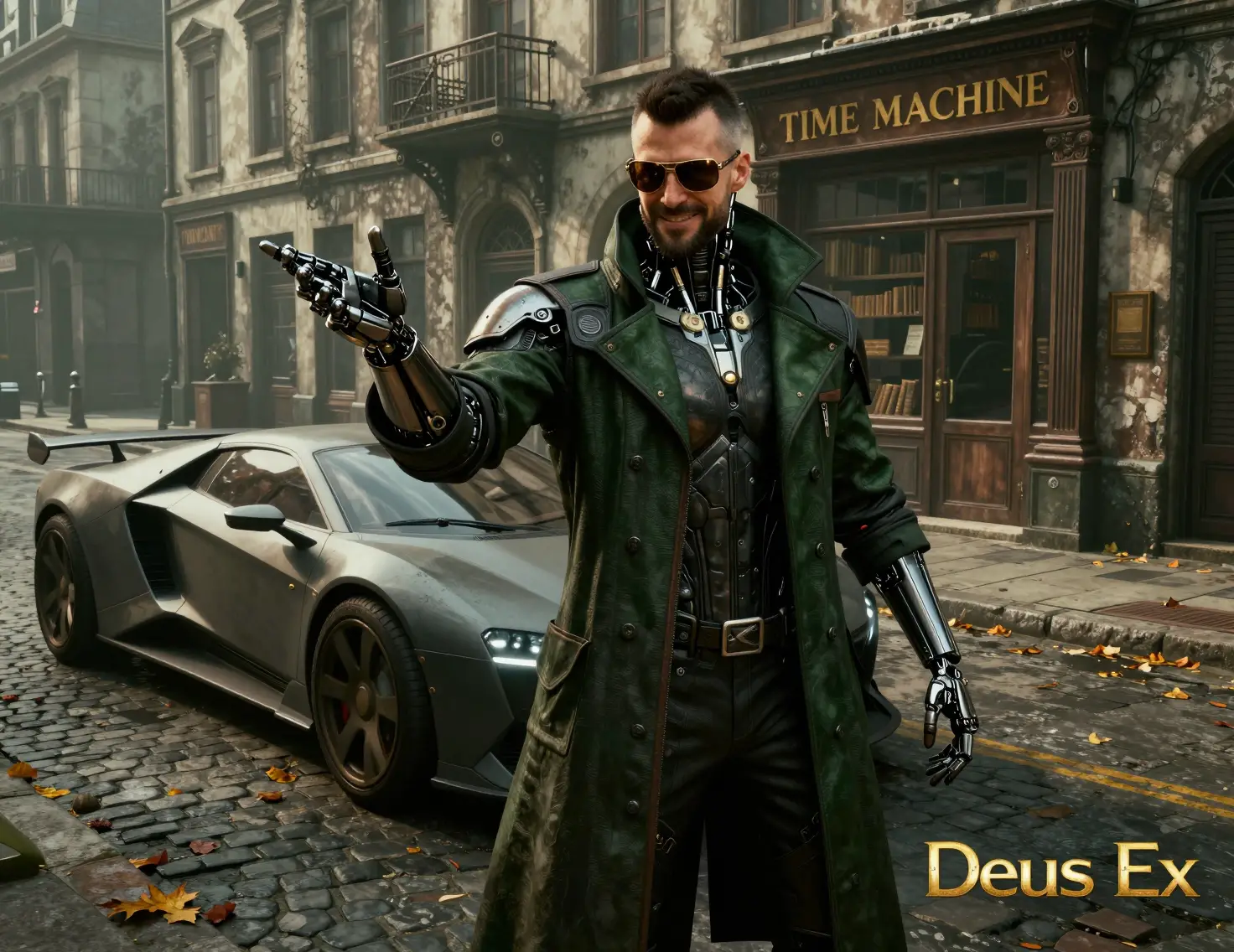Augmented detective on cobblestone street beside futuristic car