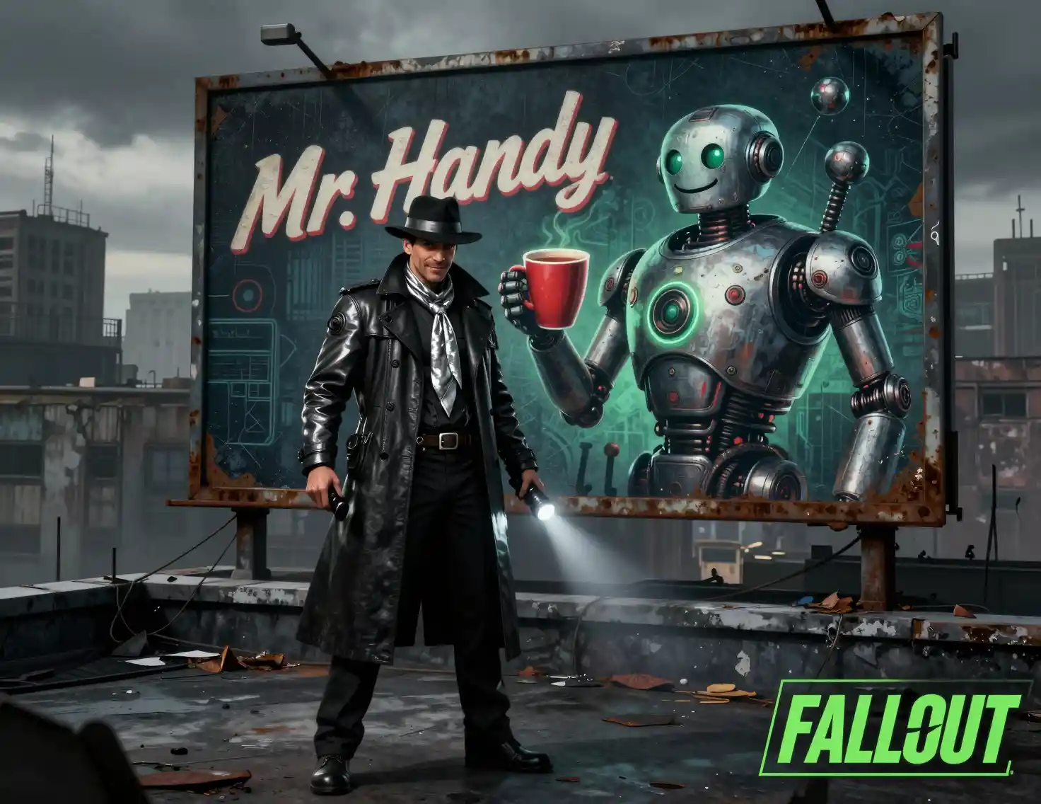 Sci fi detective by rusty billboard in ruined city