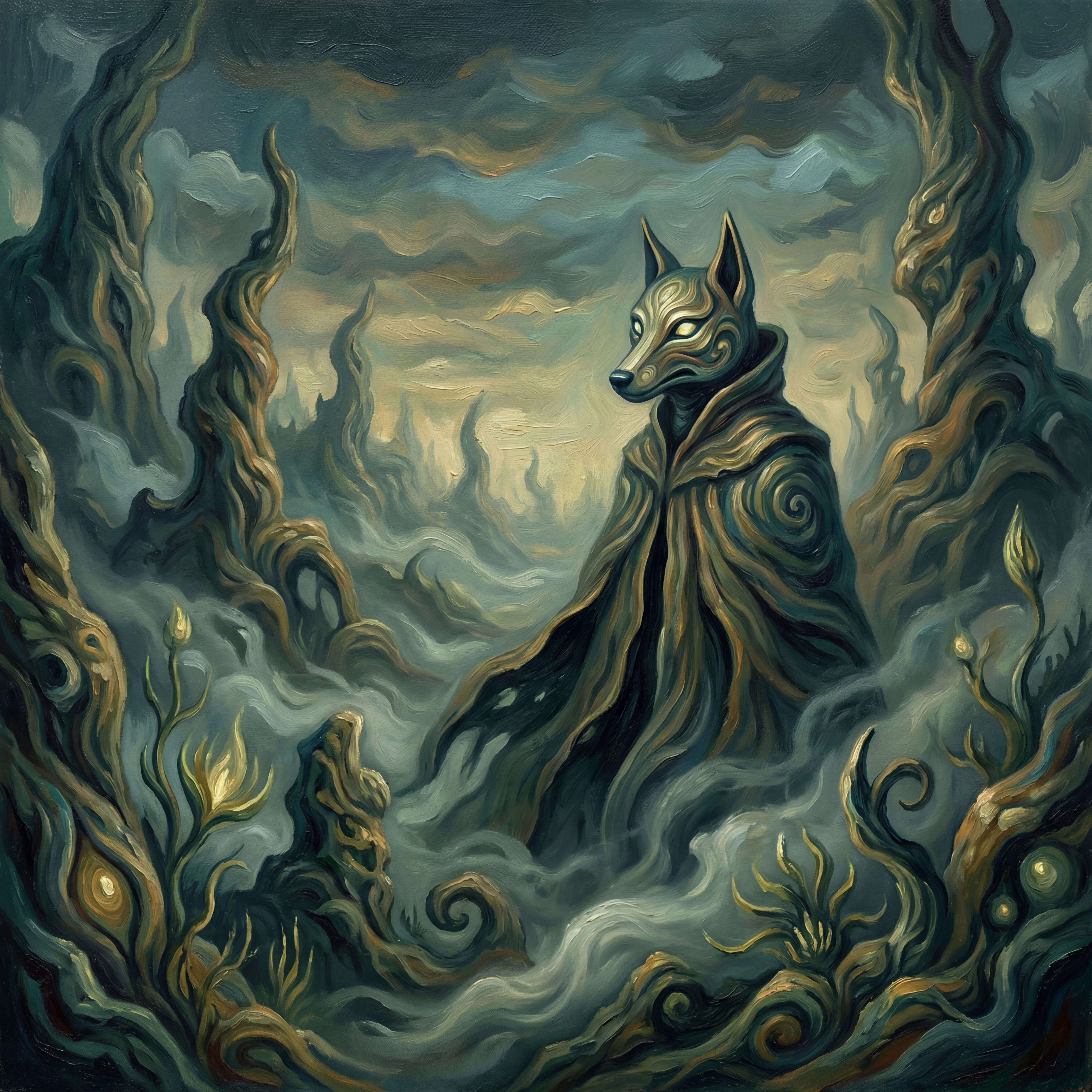Figura mística con cabeza de can en un paisaje surrealista pintado