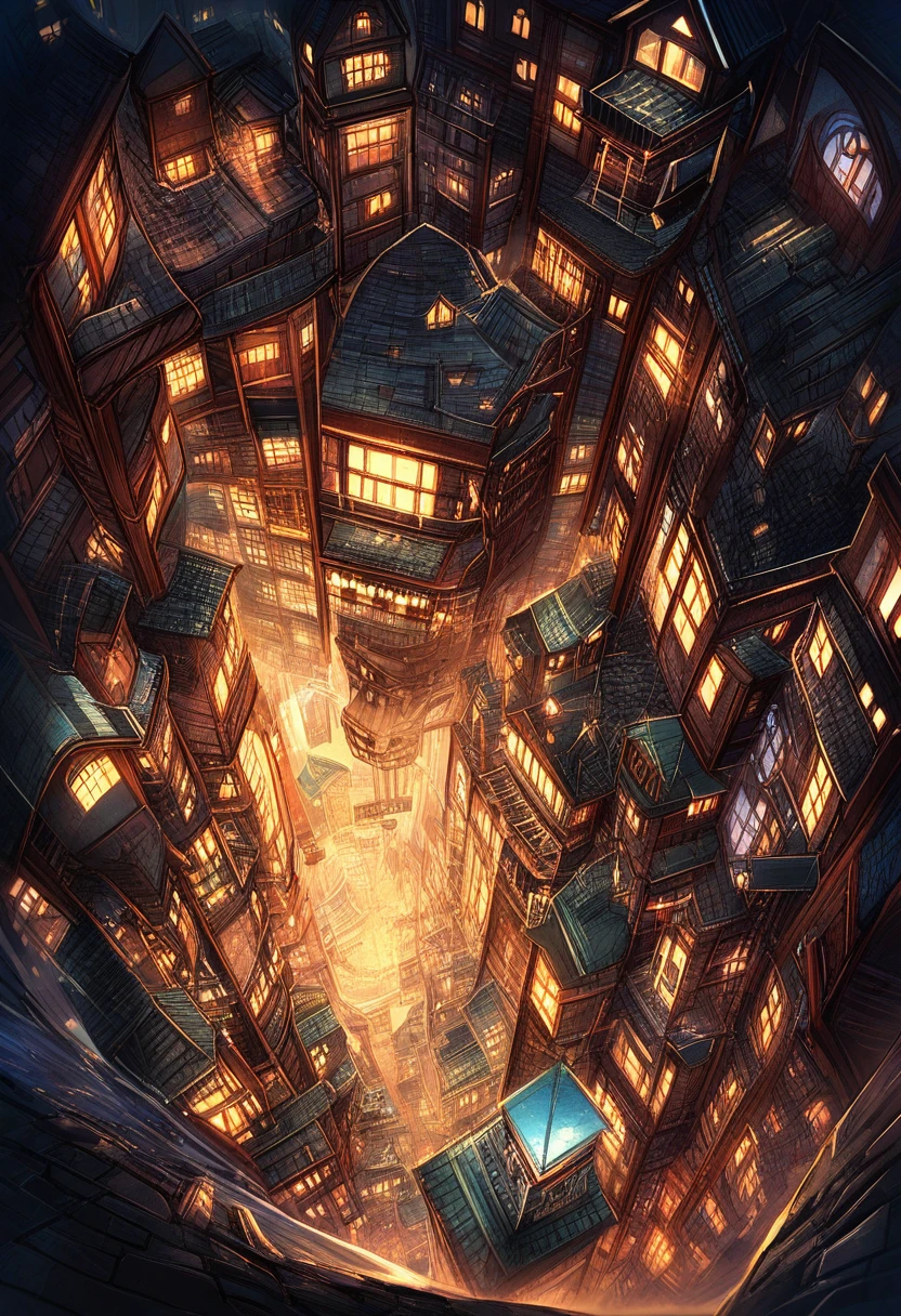 Large spooky house towering over an empty nighttime town