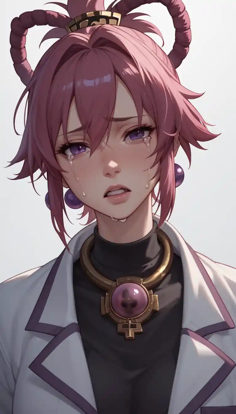 Crying anime woman with exposed torso in emotional distress
