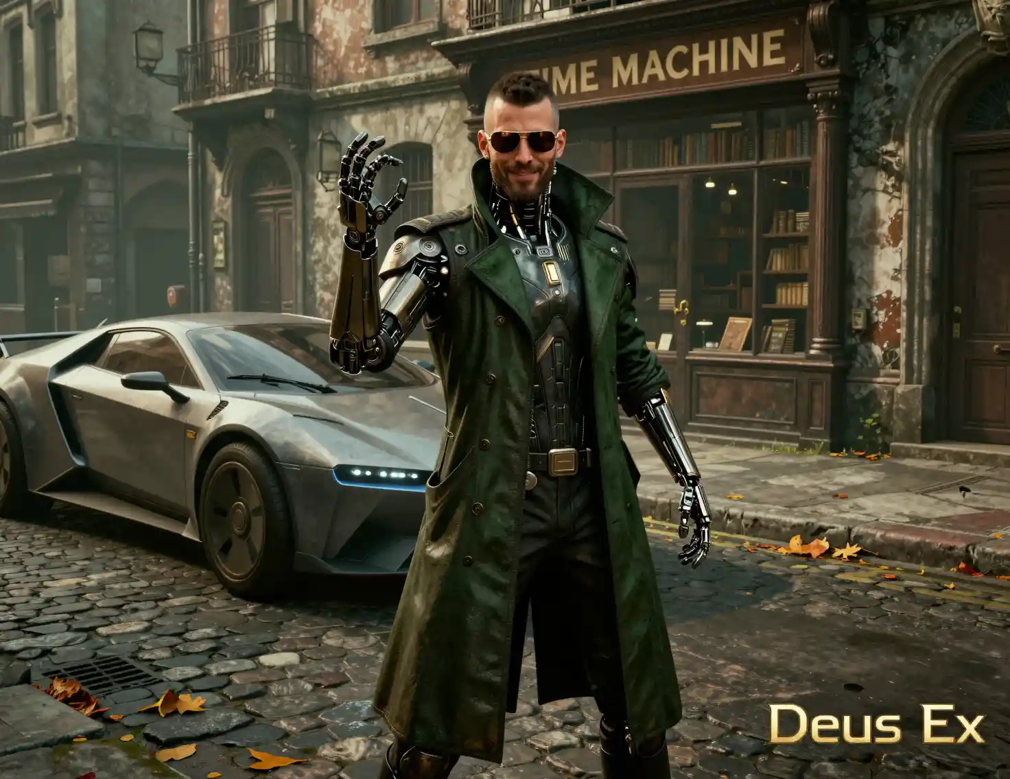 Augmented detective posing on a cyberpunk European street