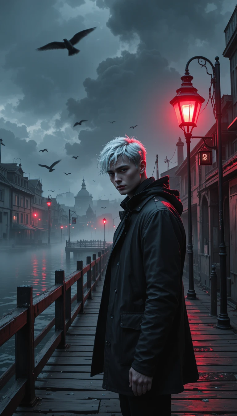 Young man under red streetlight on a misty pier