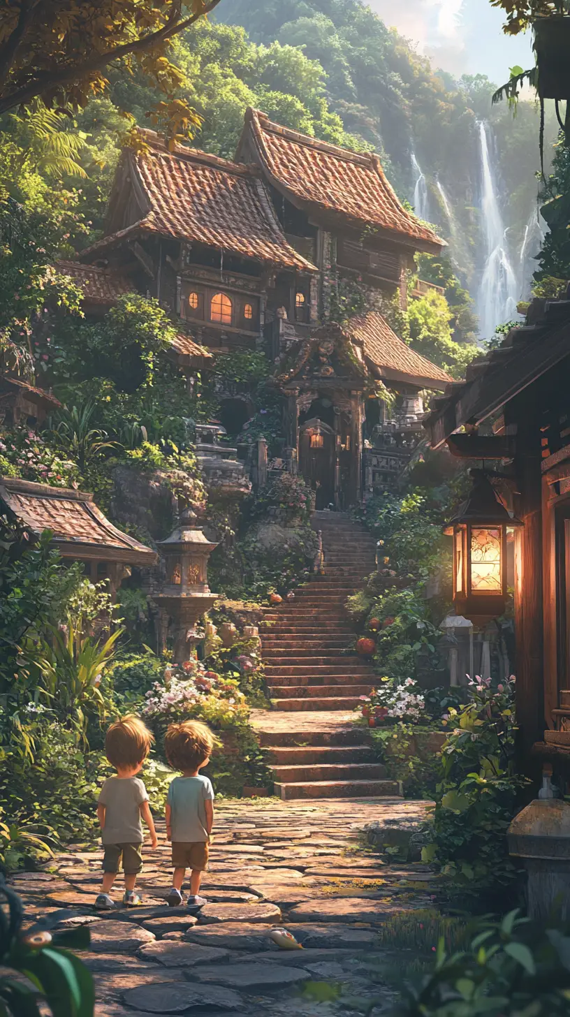 Traditional waterfall home with children on stone steps