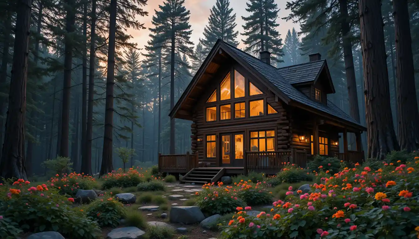 Rustic forest cabin glowing warmly at evening twilight