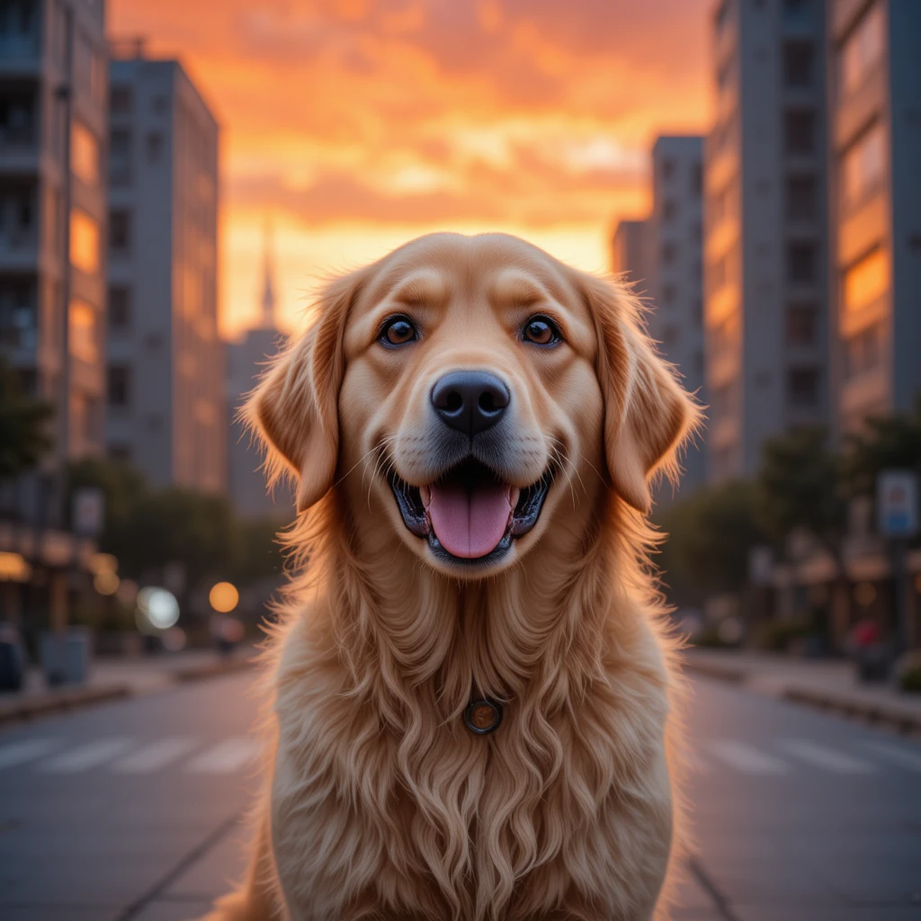 Porträt eines freundlichen Golden Retrievers im warmen urbanen Abendlicht
