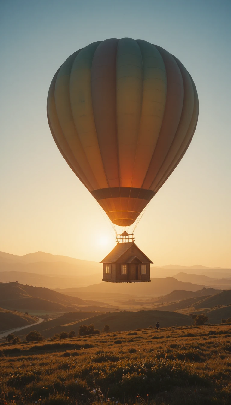 Tiny house floating under a single colorful balloon