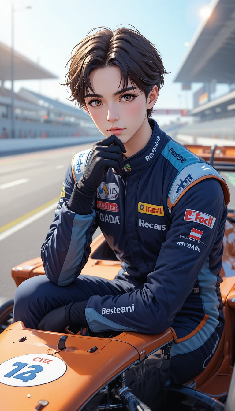Anime race car driver resting on sleek formula car