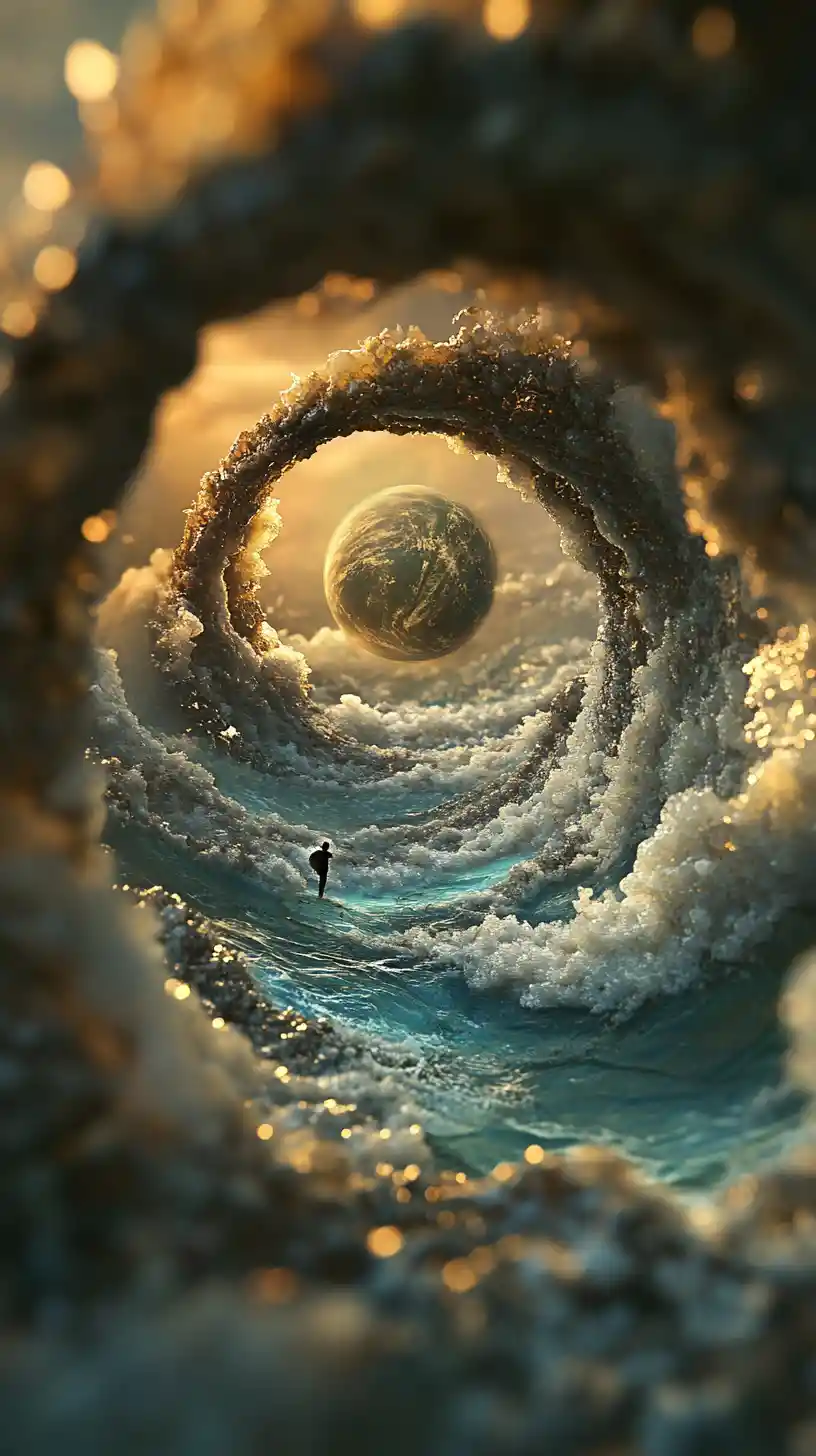 Surreal surfer riding a mystical wave under full moon