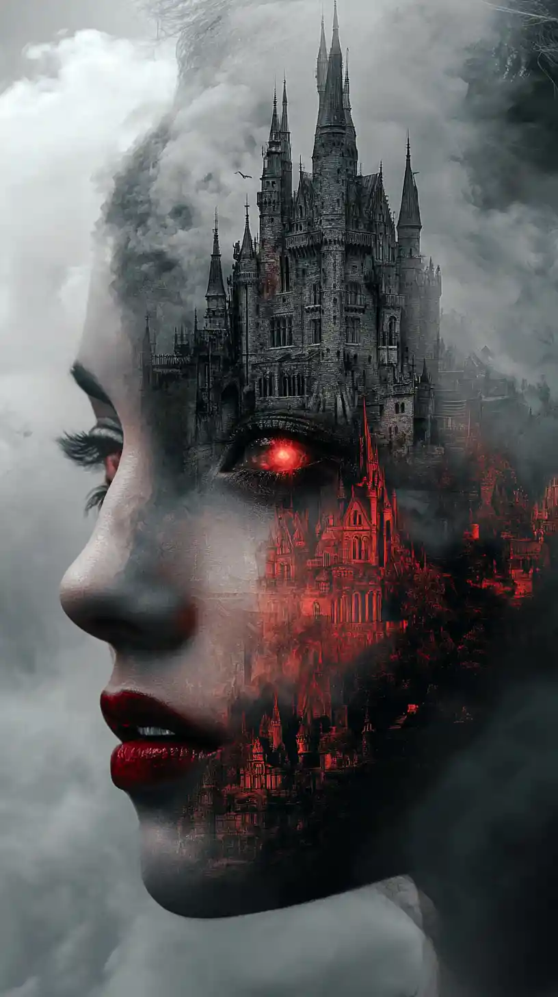 Surreal castle emerging within a woman face silhouette