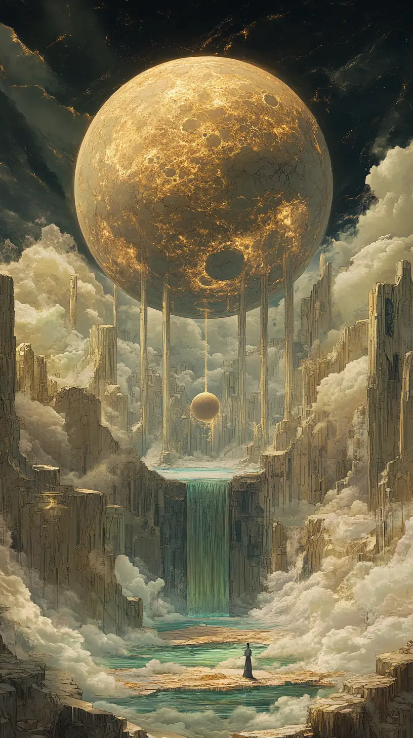 Abstract cosmic portal with floating sphere and golden key