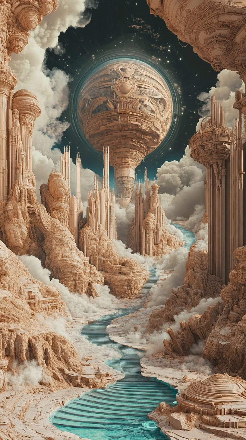漂浮球體與古老鑰匙的抽象宇宙之門