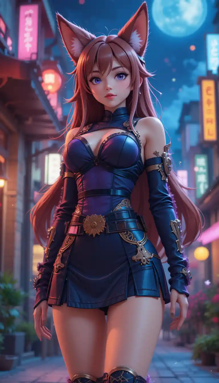 Confident anime fox girl ninja in voxel night city