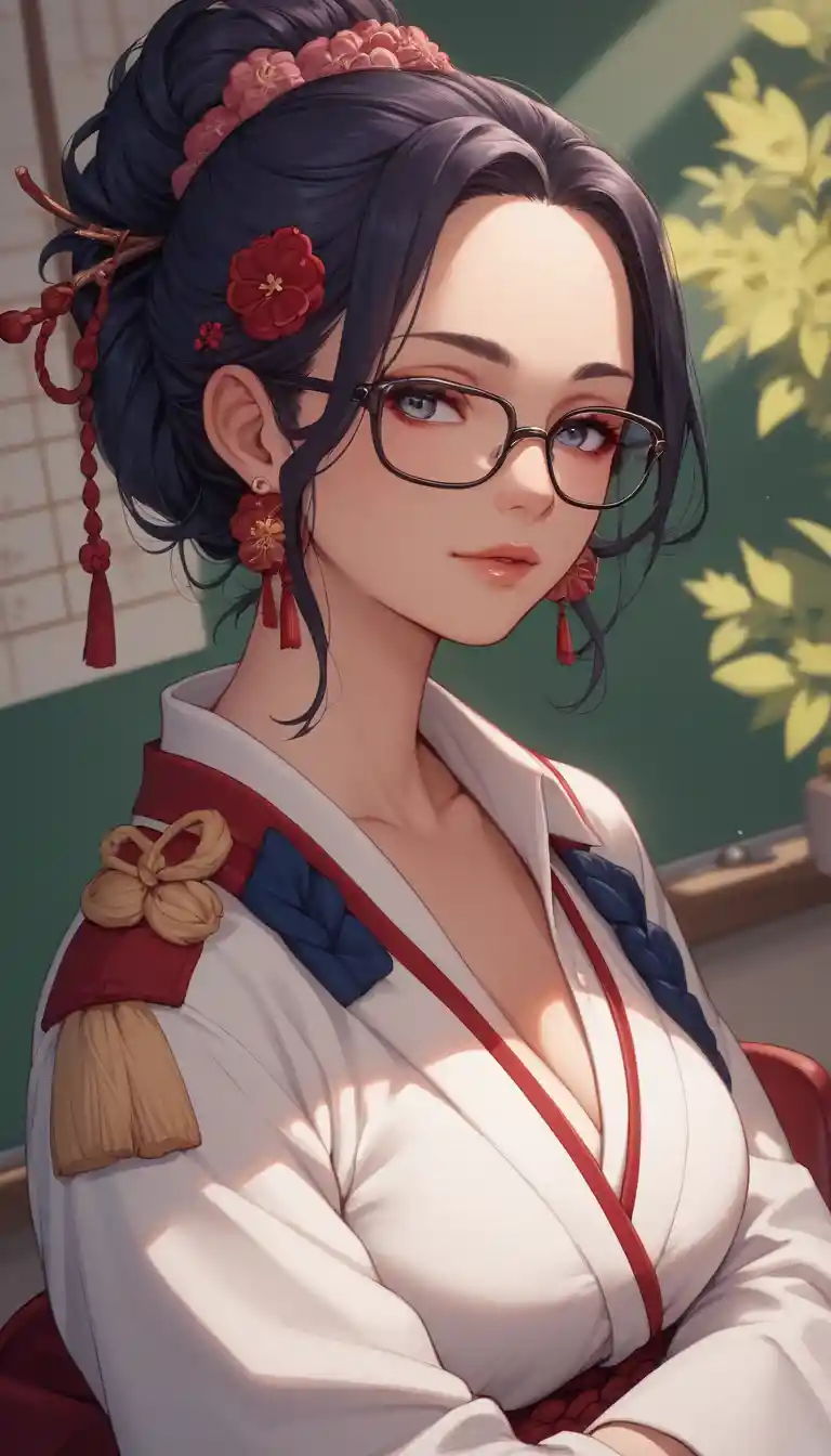 Japanese schoolteacher in glasses with traditional uniform