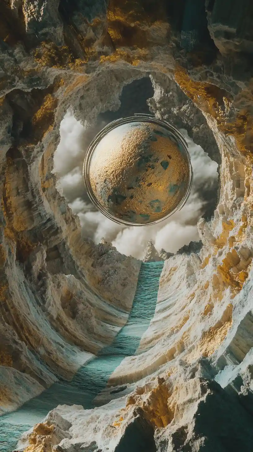 Cosmic portal revealing a glowing sphere and ancient key
