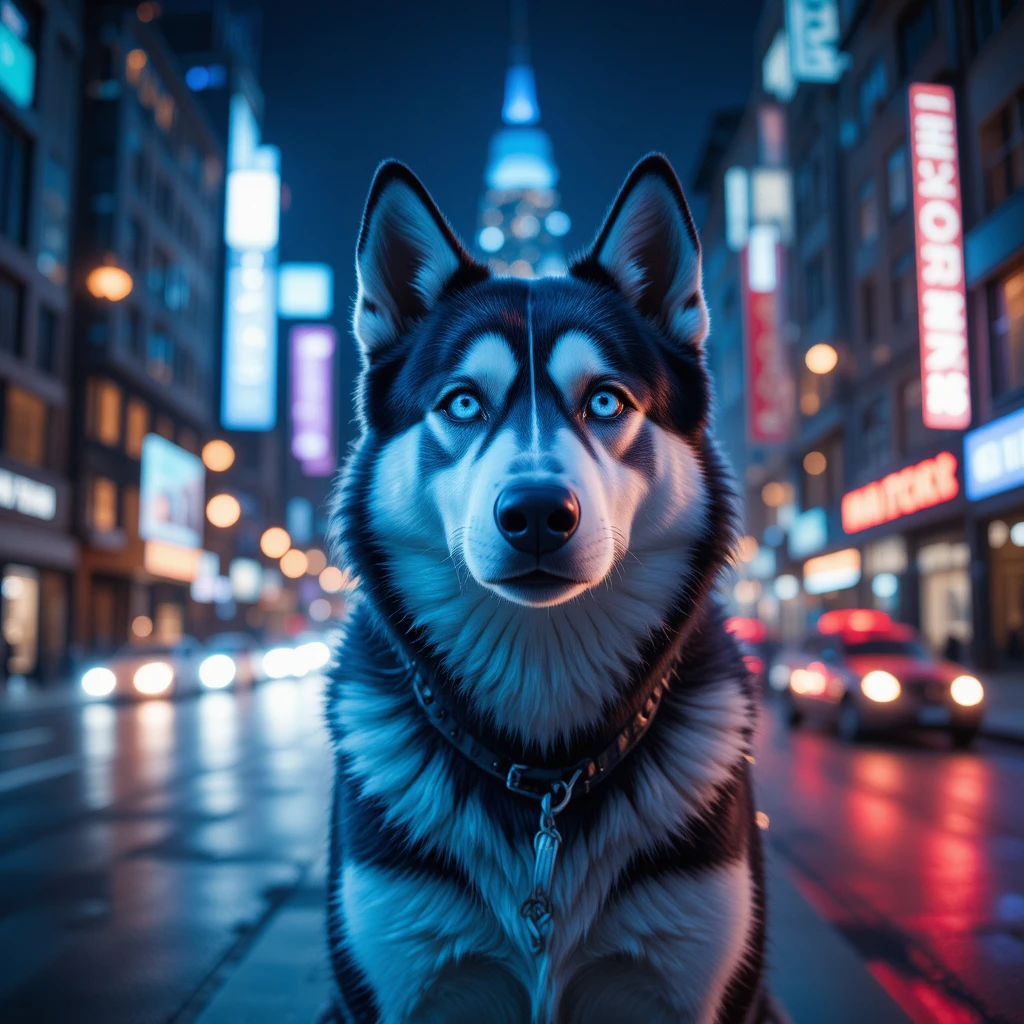 Siberian husky with blue eyes in a modern city at night