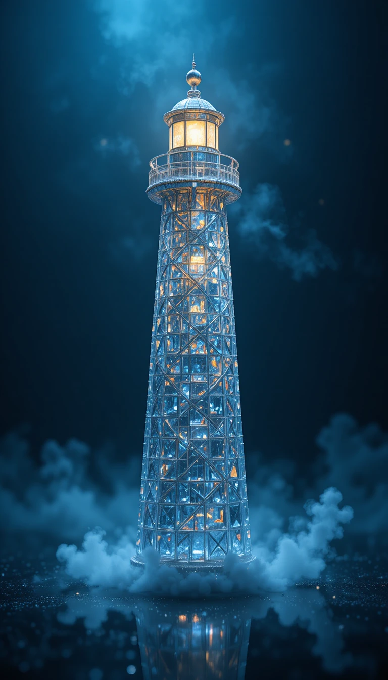 Diamant-Leuchtturm leuchtet nachts auf dunkler, spiegelnder Oberfläche