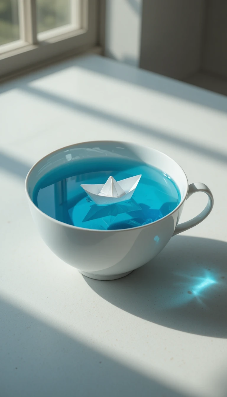 Papierboot, das in einer Porzellan-Teetasse auf dem Tisch schwimmt