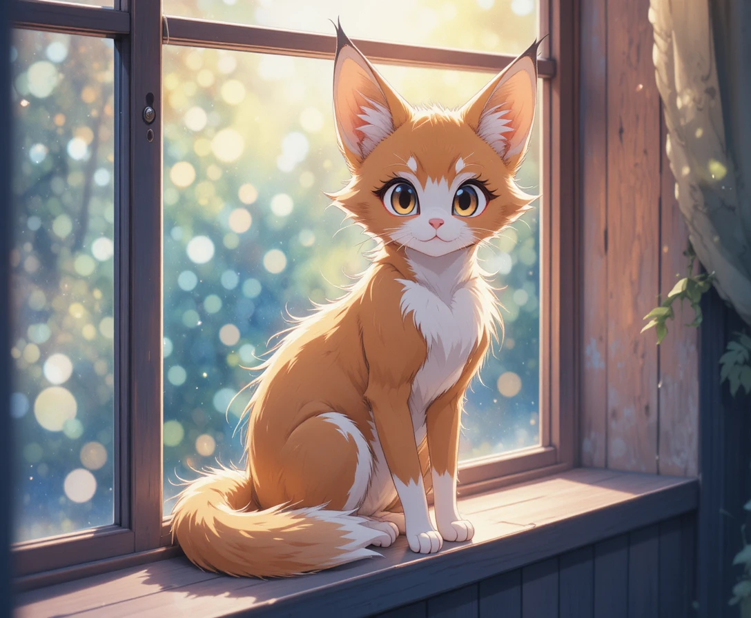 Whimsical fox cat hybrid on a glowing watercolor windowsill