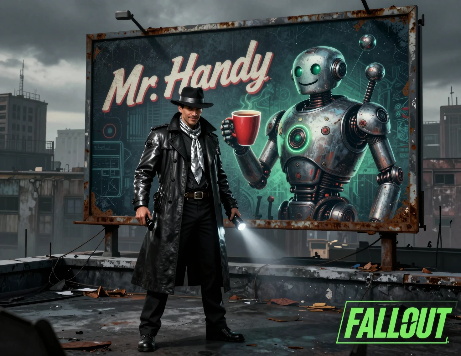 Sci fi detective by rusty billboard in ruined city