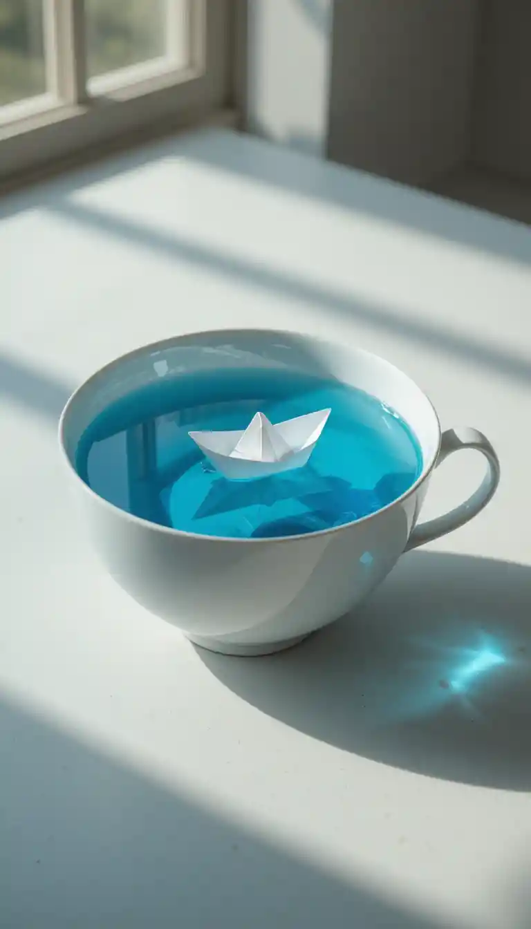 Paper boat floating in a porcelain teacup on table