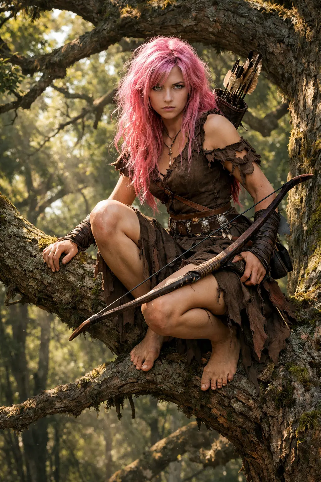 Barefoot pink haired archer girl in a forest