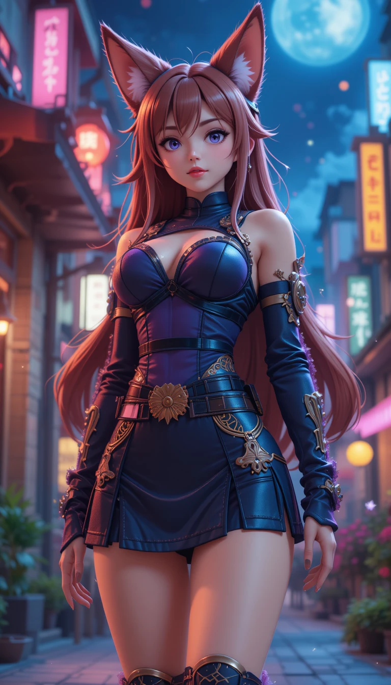 Confident anime fox girl ninja in voxel night city