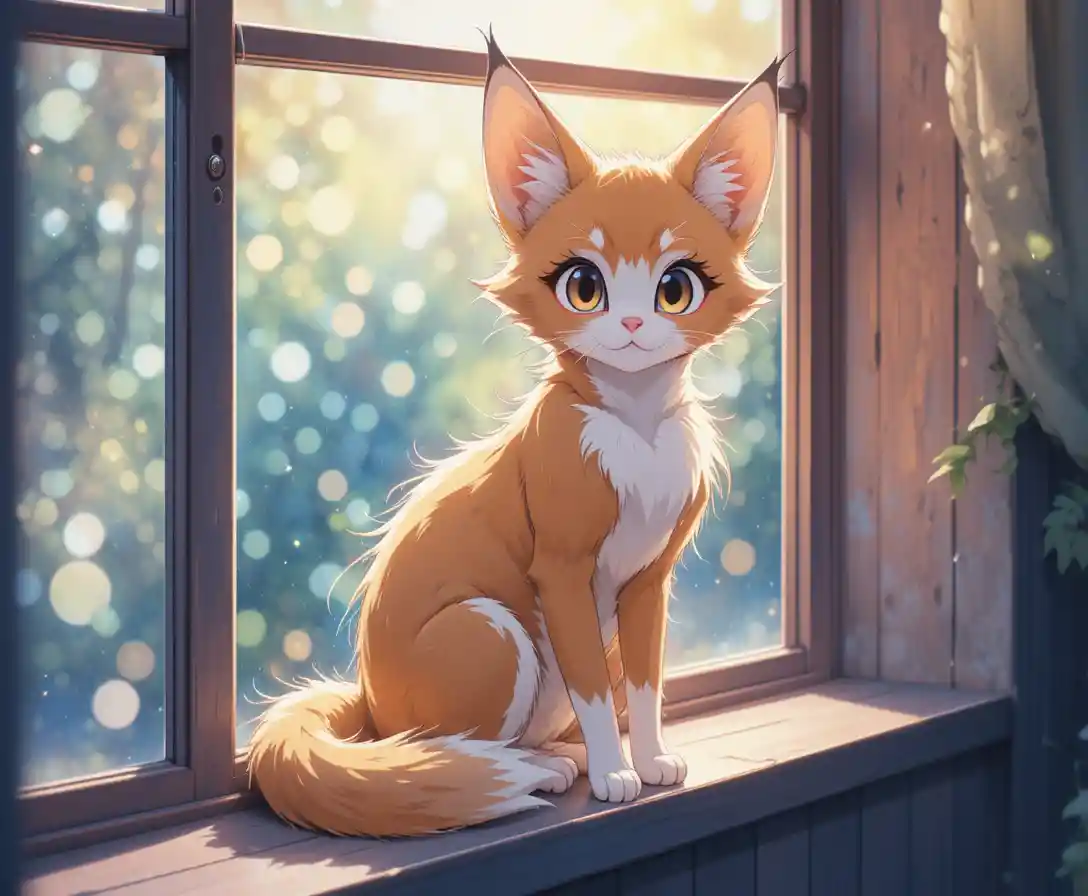 Verspielter Fuchs-Katzen-Hybrid auf einer leuchtenden Aquarell-Fensterbank