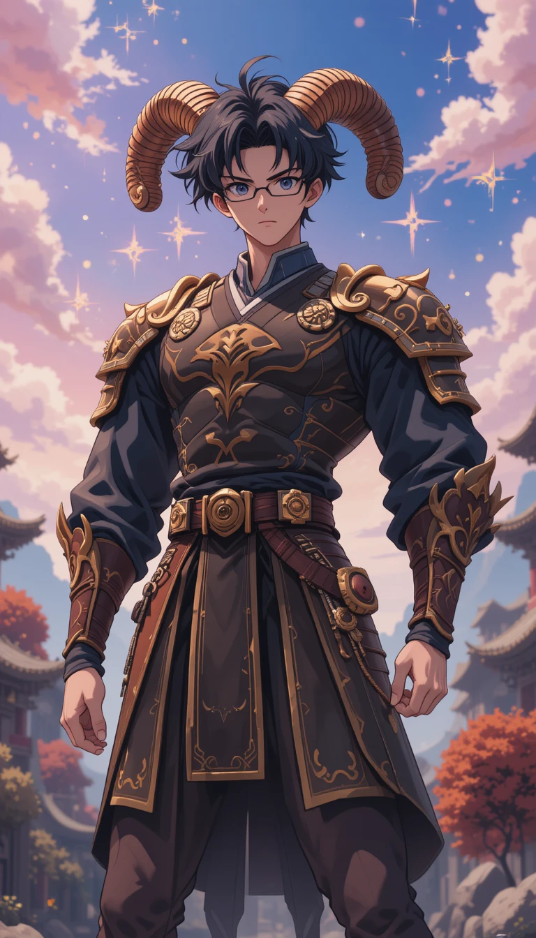 Confident ronin boy in horned armor under a digital sky