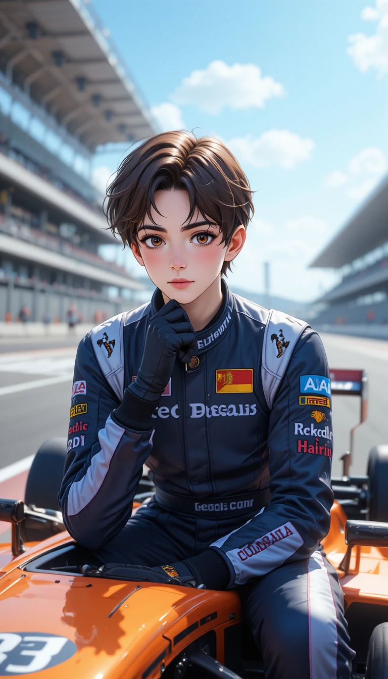 Anime race car driver resting on sleek formula car