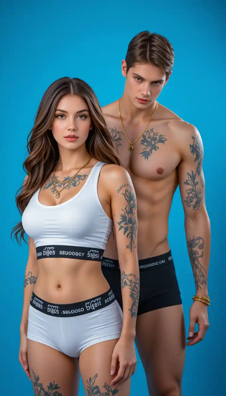 Fit couple studio portrait against vibrant blue background