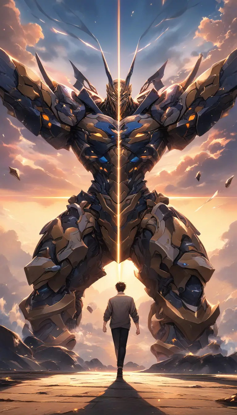 Joven atlético y sereno en estilo anime al atardecer