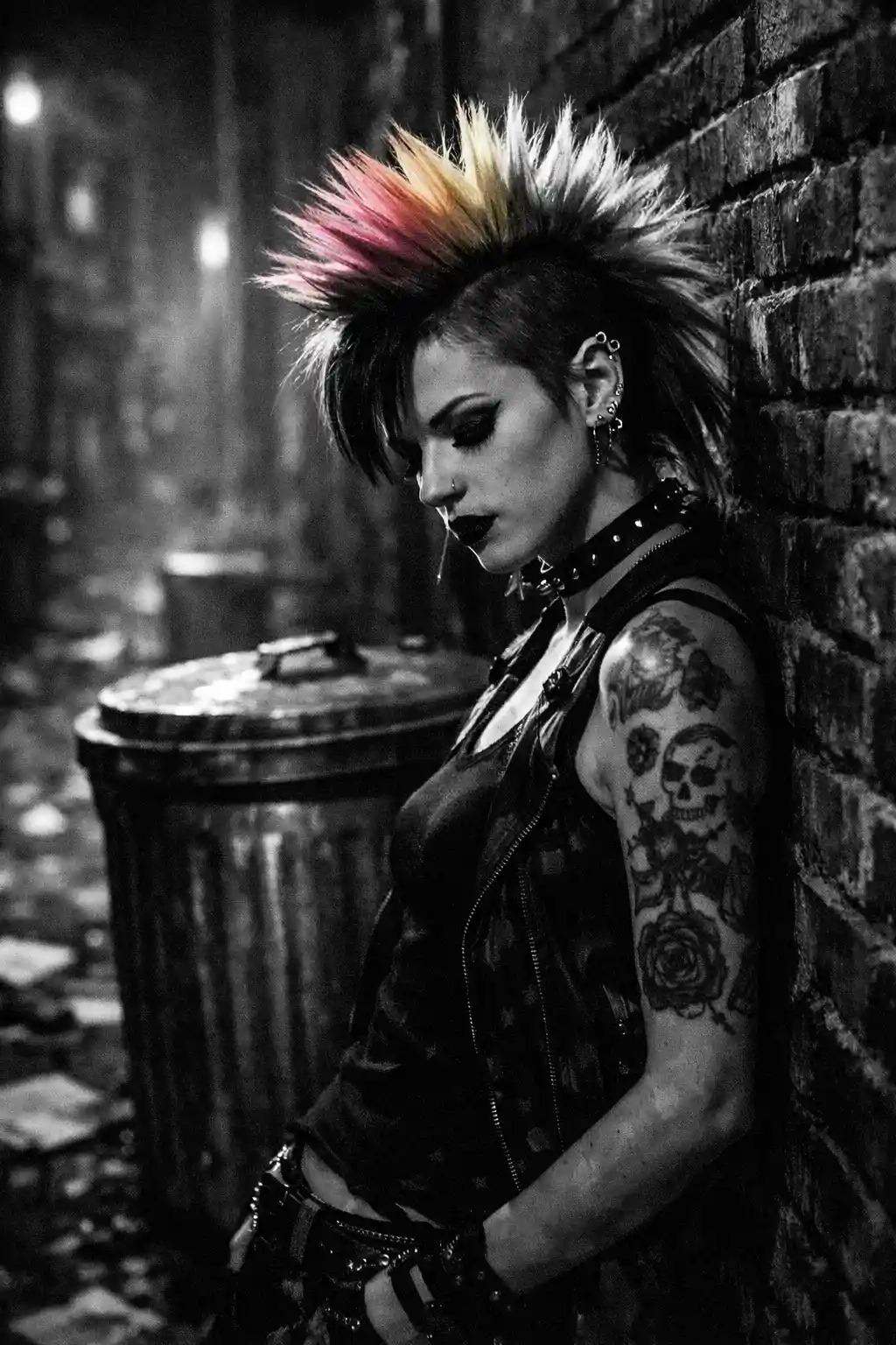 Punk girl with mohawk in moody film noir alley portrait
