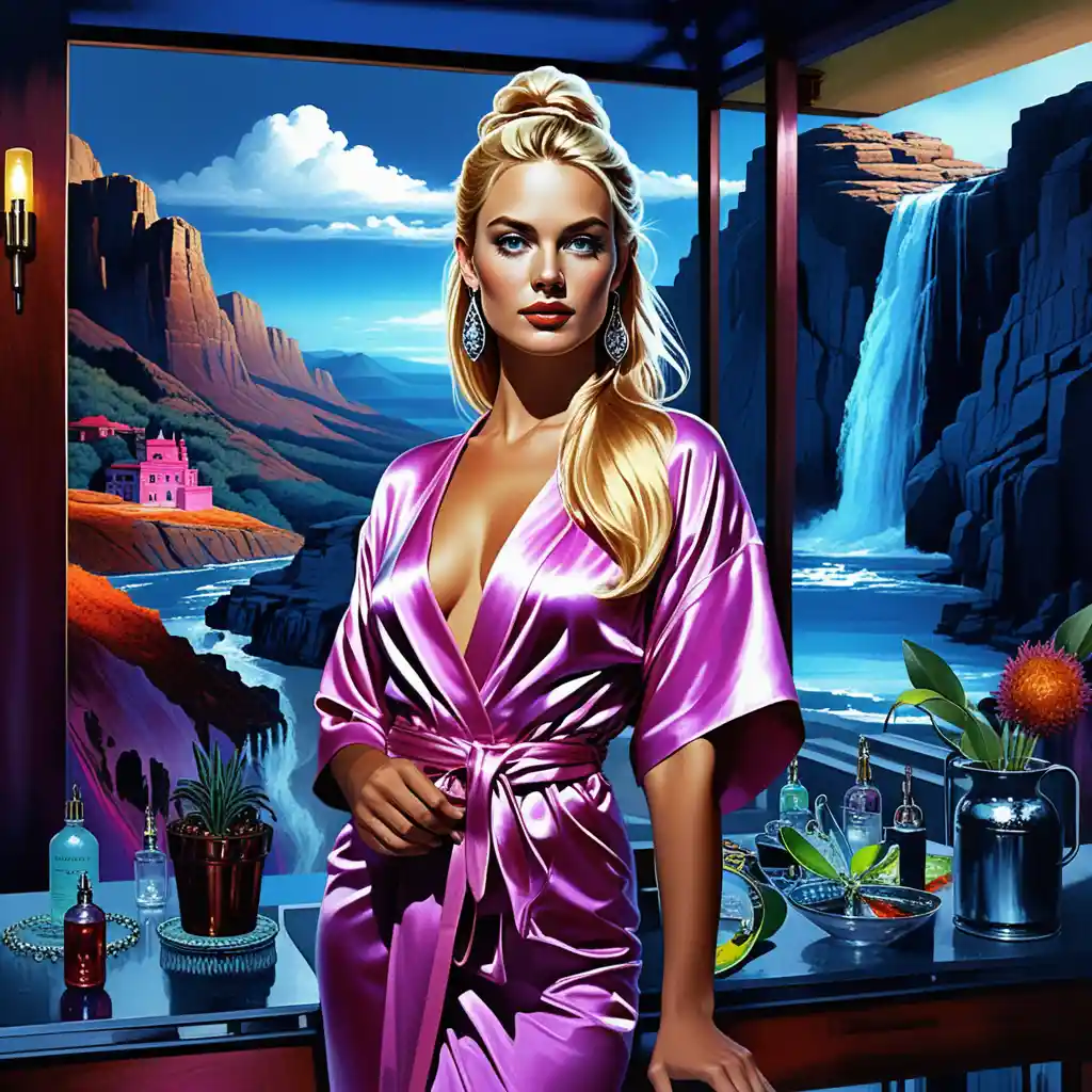 Blonde model in silk kimono robe in moody art studio