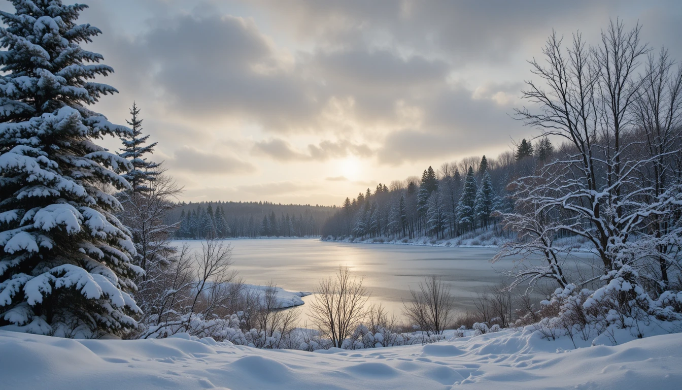 Sereno bosque invernal y lago congelado bajo un cielo gris suave