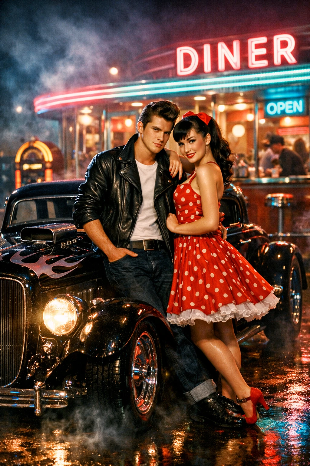 Rockabilly couple by hot rod outside neon retro diner