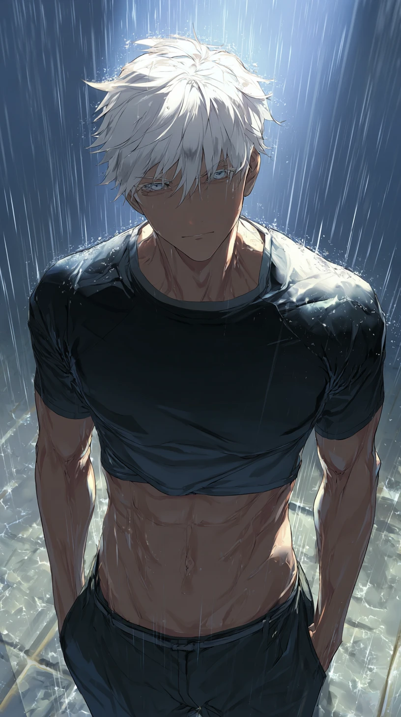 Hombre de anime de pelo blanco en una tormenta bajo luz dramática