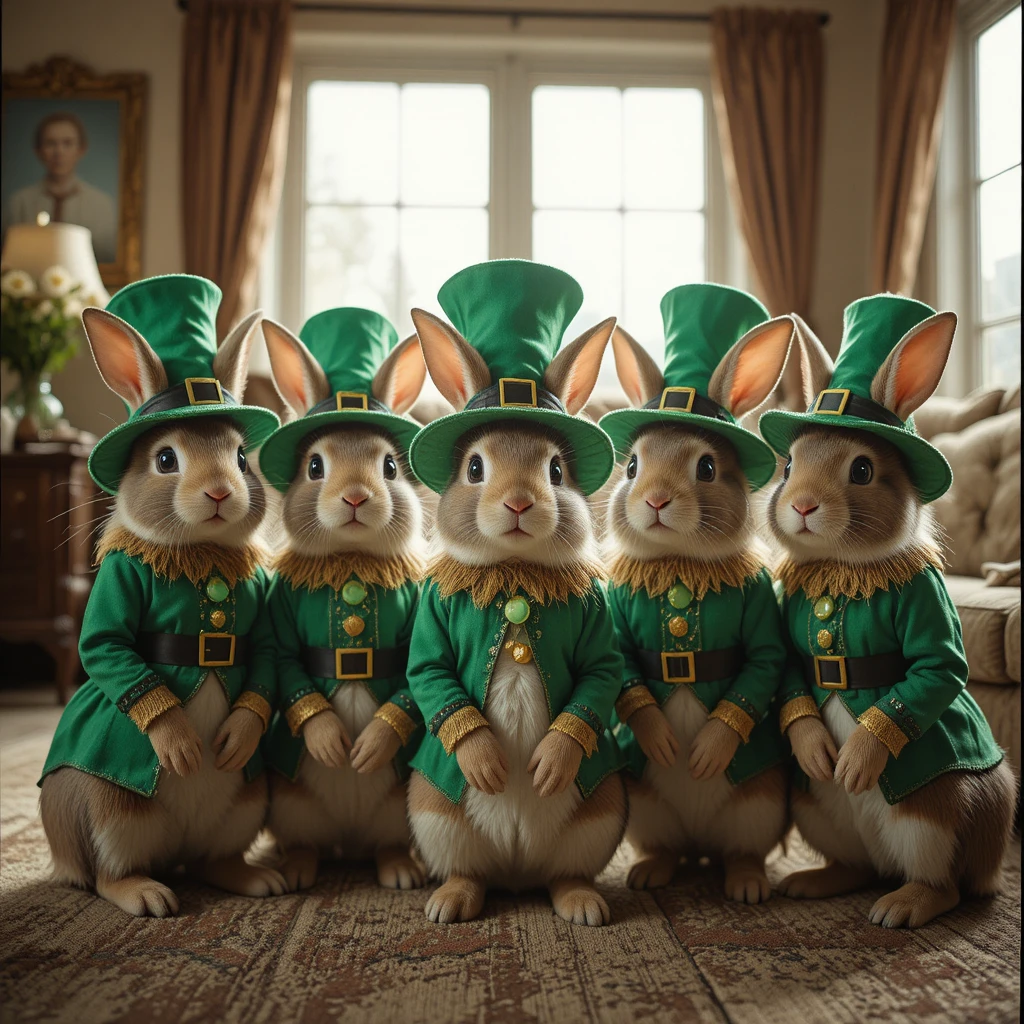 Group of rabbits in leprechaun costumes in bright living room