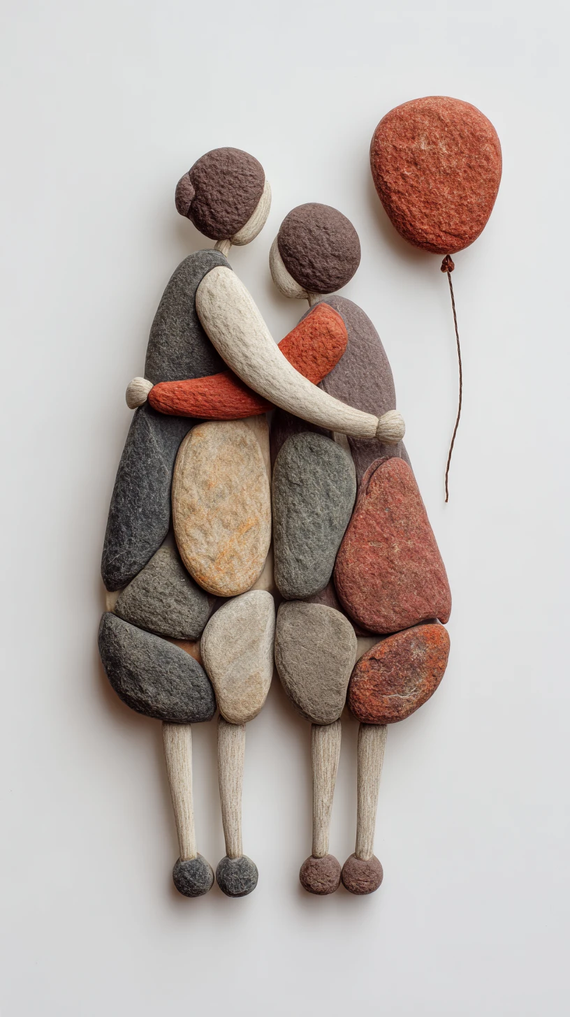Stone figures of embracing women holding a balloon
