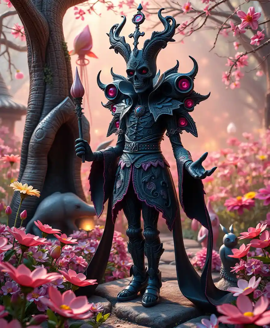 Donna gotica fantasy in un incantevole giardino di primavera