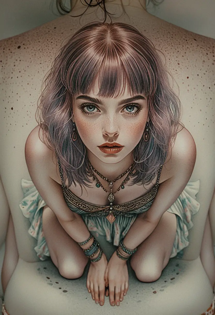 Mystical red haired girl seen from above by a dark pond