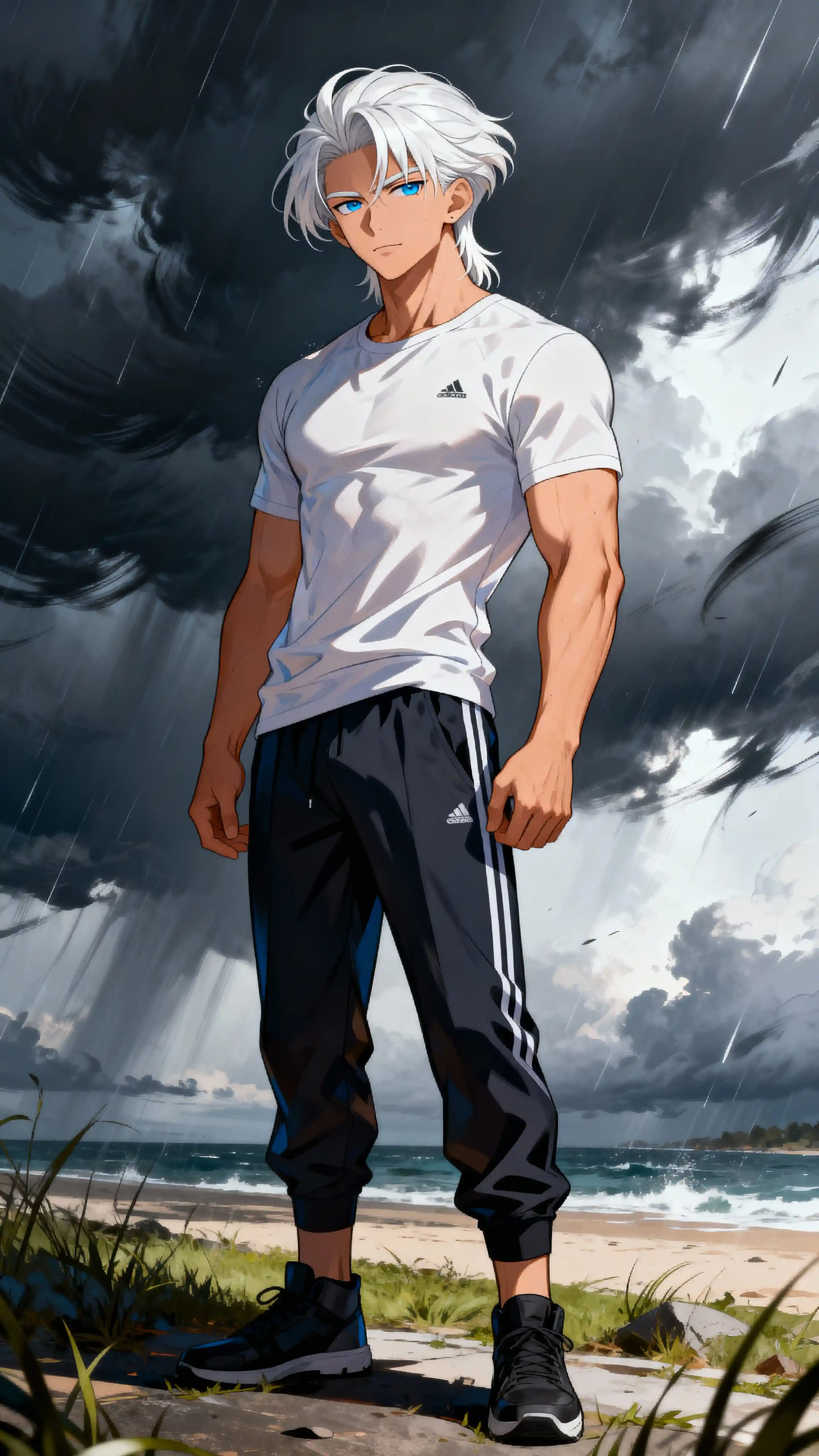 White haired anime man standing in stormy outdoor scene